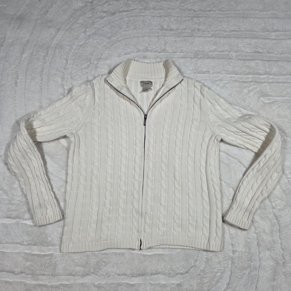LL BEAN Womens Full Zip Cardigan Long Sleeve Cable Knit 100% Cotton Fisherman